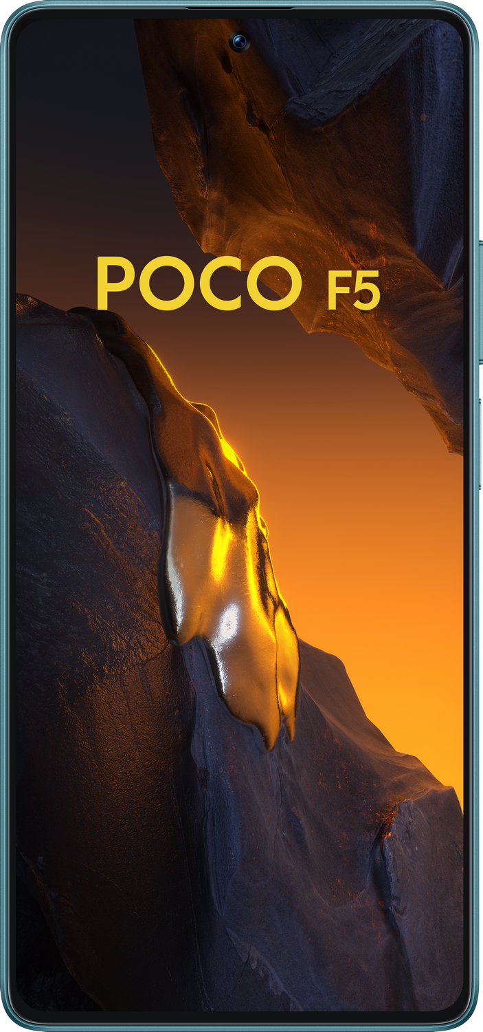 Un smartphone verde azulado con las palabras POCO F5 en amarillo sobre un fondo borroso.