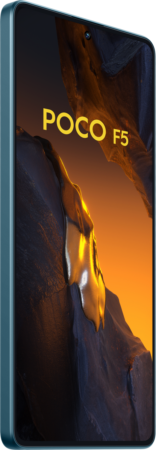 Un smartphone POCO F5 de color turquesa, que muestra una vista lateral con el nombre del teléfono en la pantalla.