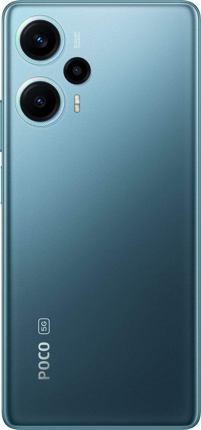 Parte trasera de smartphone azul con dos cámaras y logotipo POCO, sobre fondo blanco.