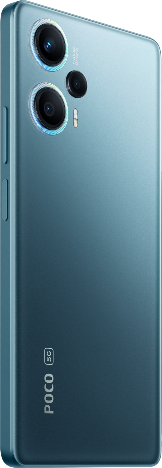 Smartphone POCO 5G azul, vista trasera, mostrando las lentes de la cámara y el logotipo.