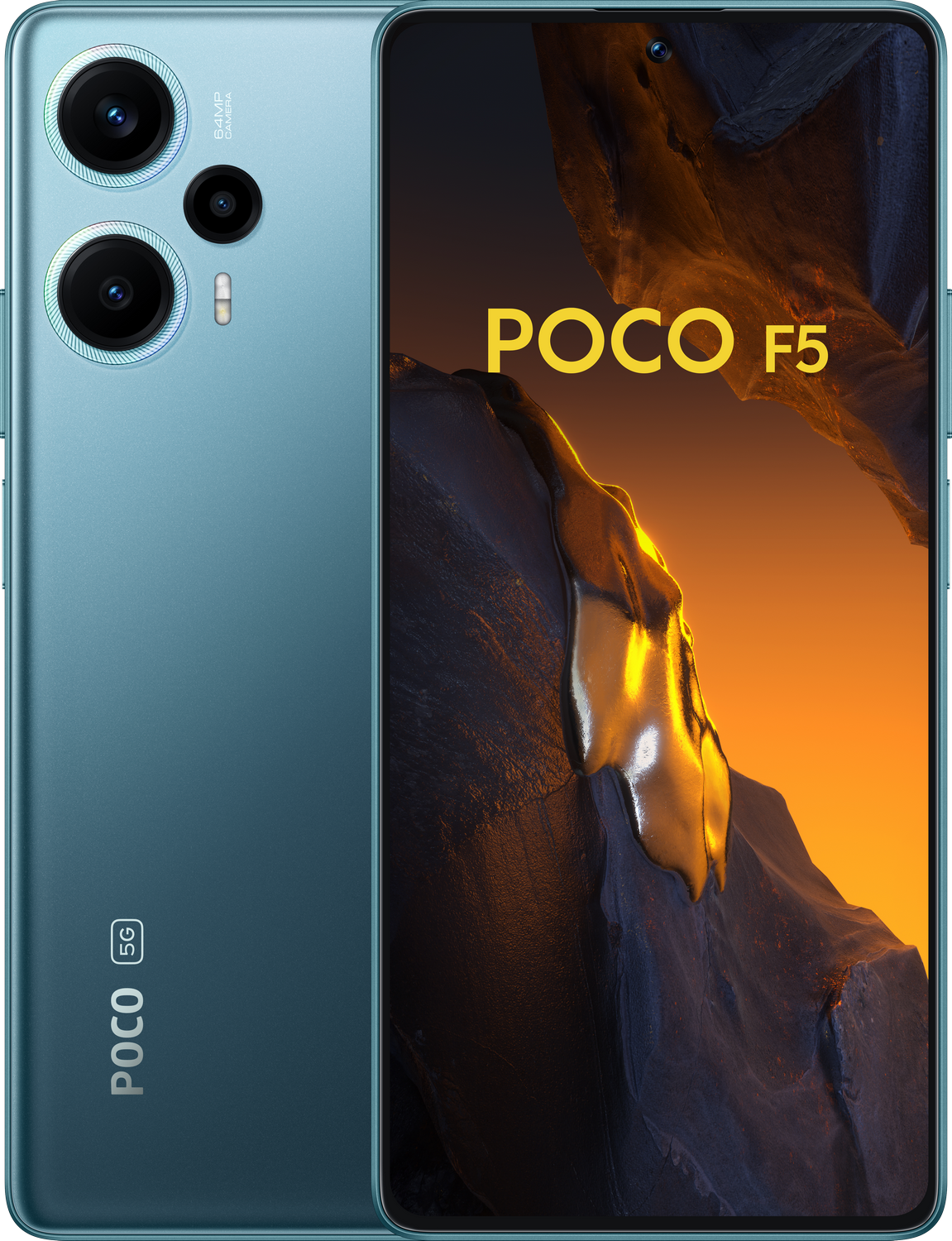 Un teléfono POCO F5 de color verde azulado, que muestra la parte trasera con cámaras y la pantalla.