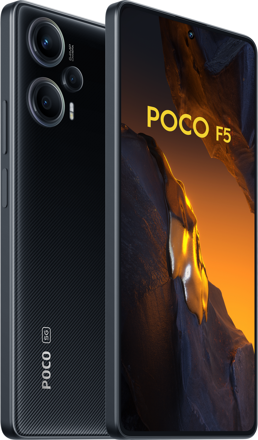Teléfono POCO F5 negro. La parte trasera tiene un patrón texturizado, sobre fondo oscuro.