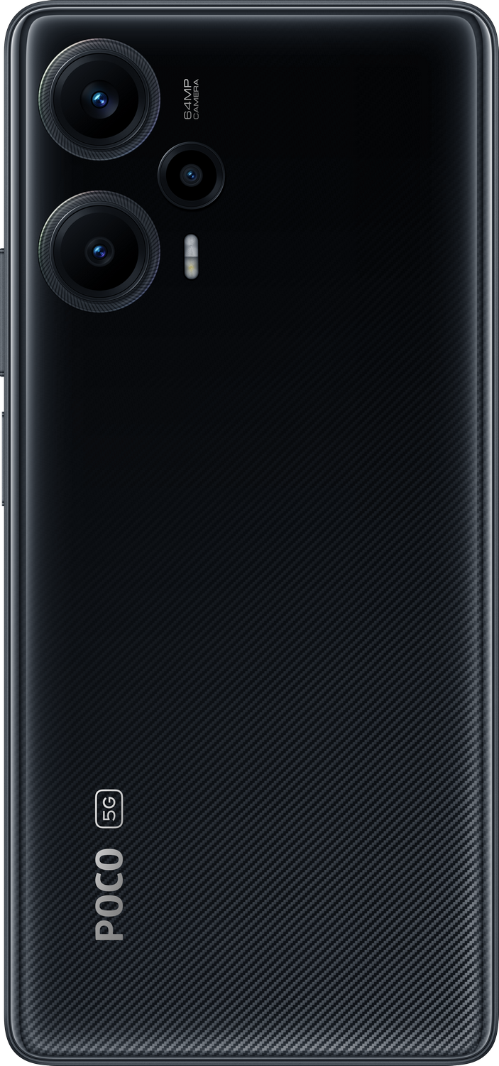 Vista trasera de un teléfono Poco 5G negro, mostrando lentes de cámara y la marca Poco 5G.