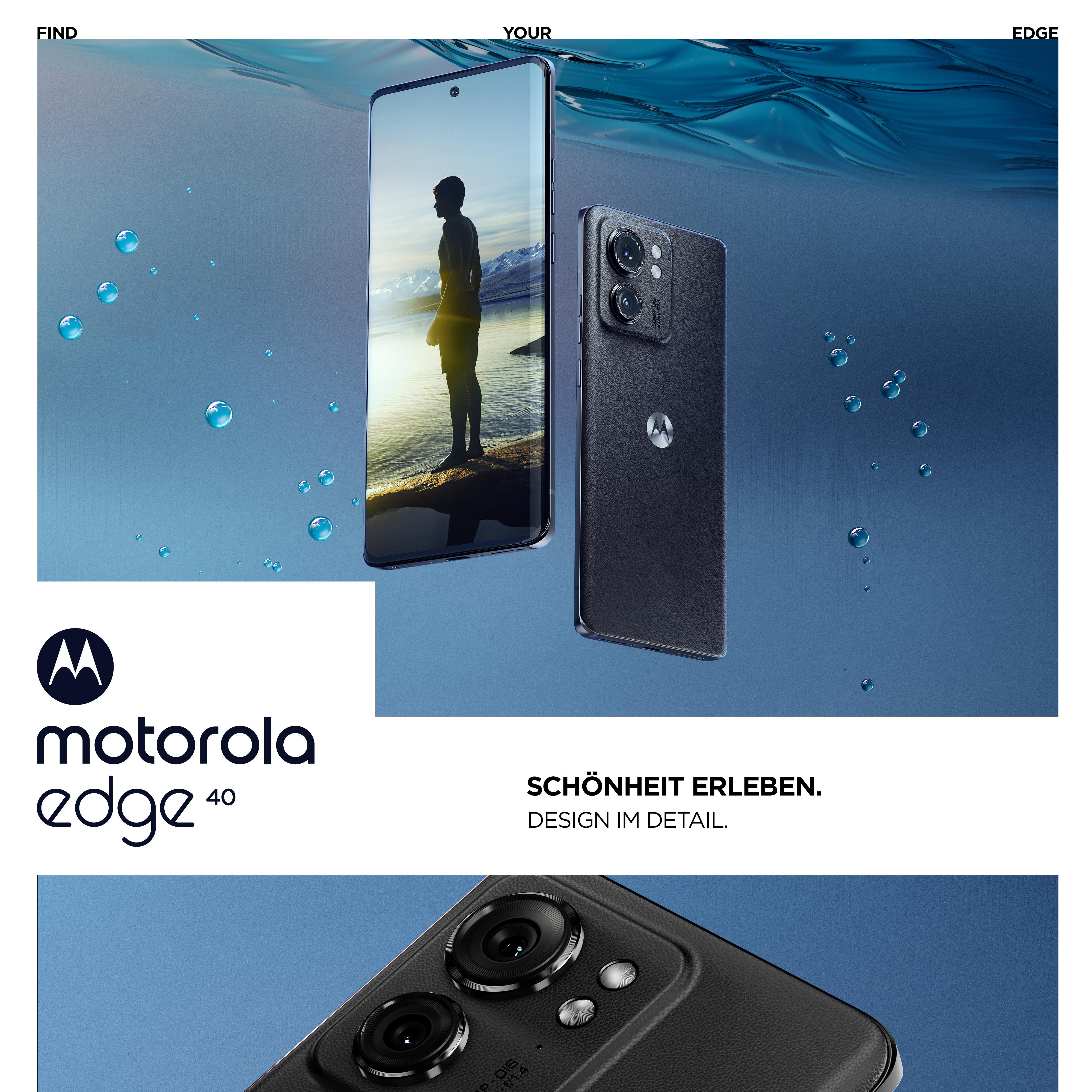 Motorola Edge 40 Telefon, mit schwarzer Rückseite und einem Bildschirm, der eine Person im Wasser zeigt.