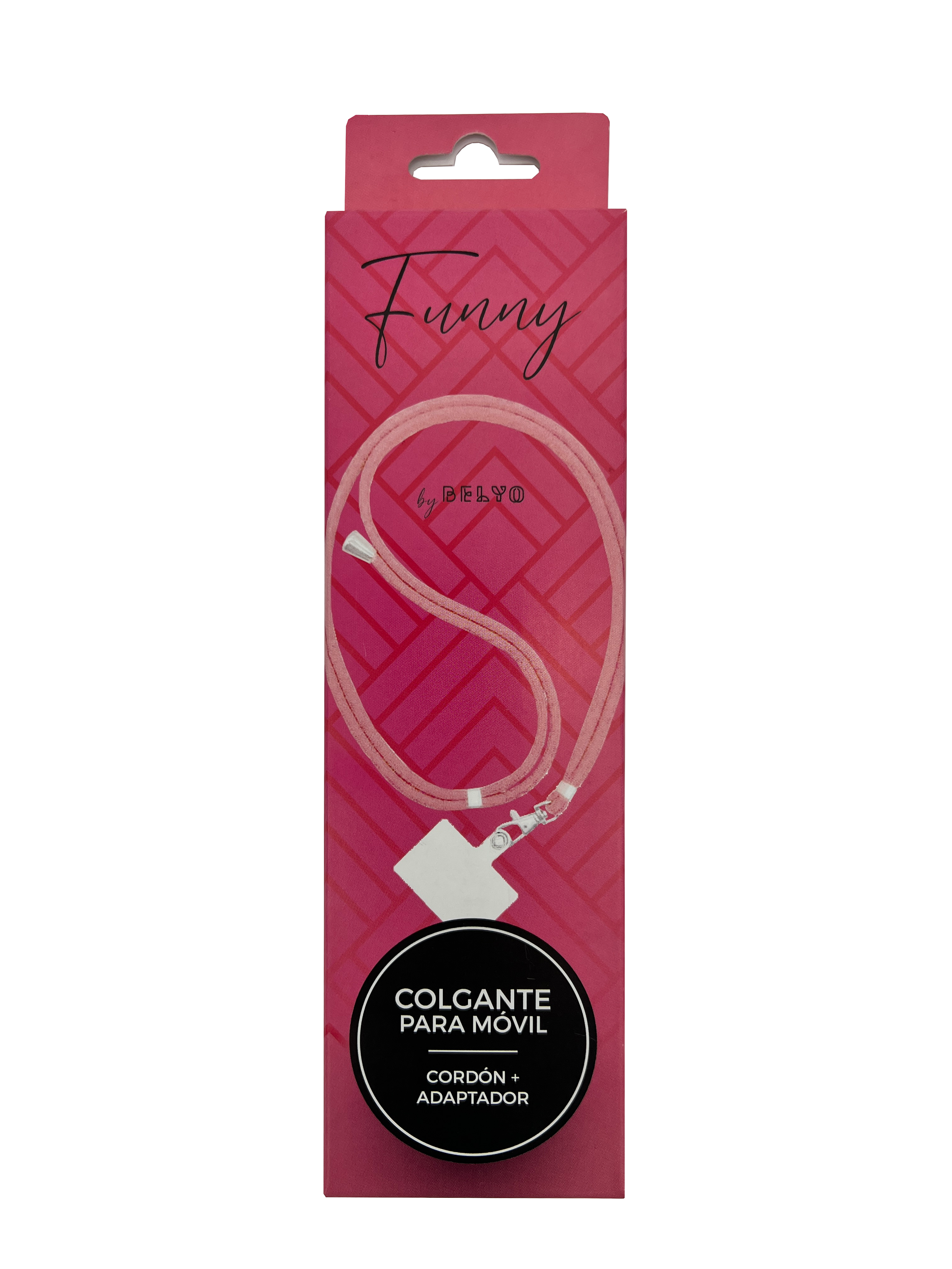 Embalaje de cordón para teléfono rosa. El paquete dice 'Funny' y 'Colgante para móvil'. El cordón es rosa.