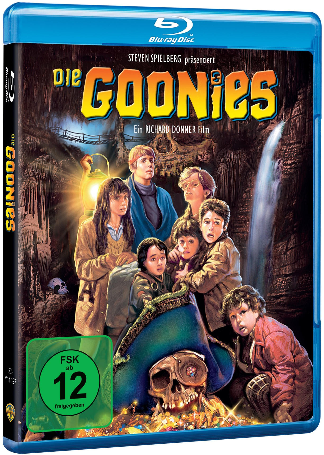 DVD-Cover von 'Die Goonies'. Eine Gruppe Kinder in einer Höhle, Piratenschädel, Wasserfall.