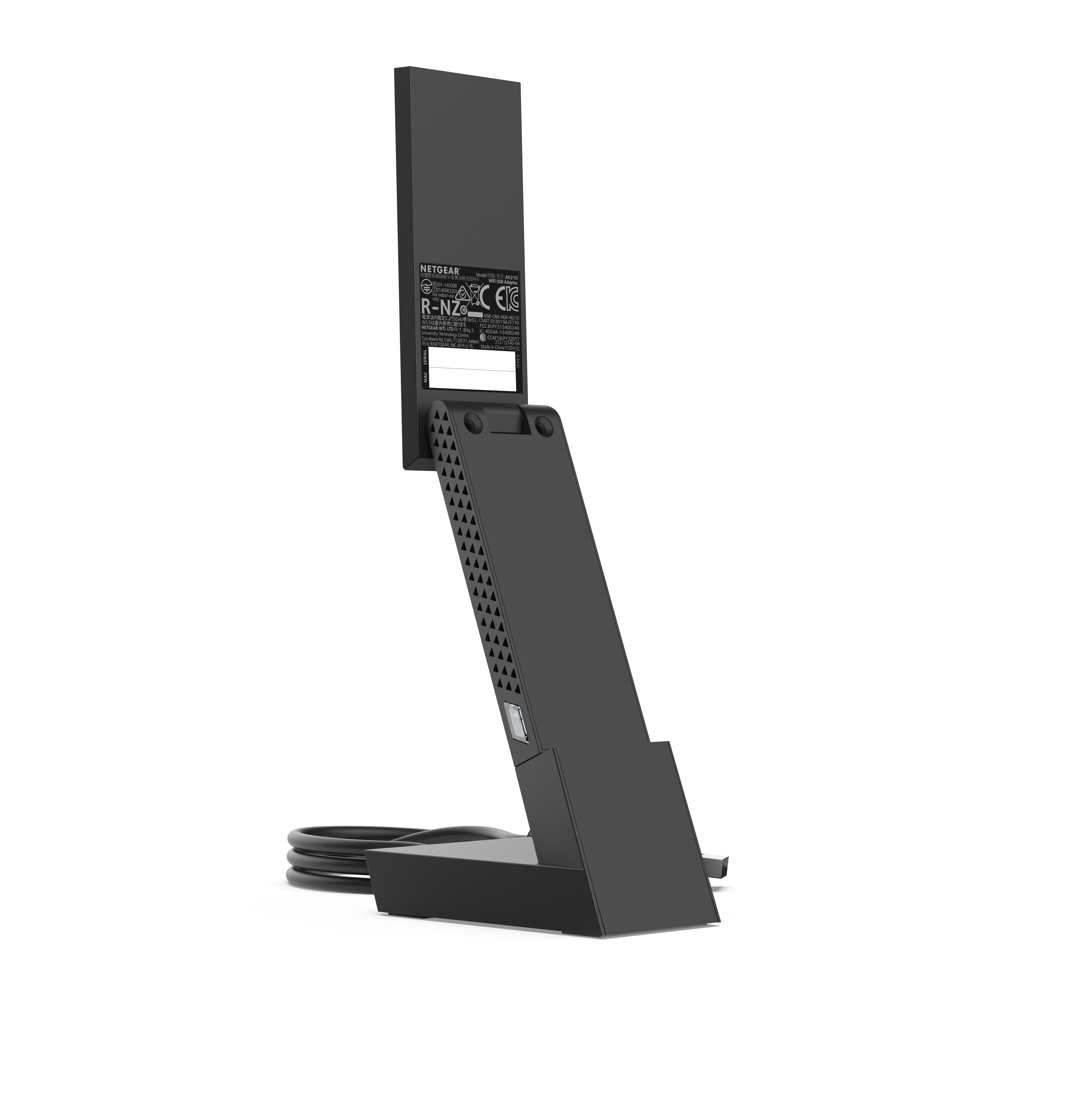 Ein schwarzer und grauer Netgear R-NZ Wi-Fi-Adapter wird auf weißem Hintergrund angezeigt.