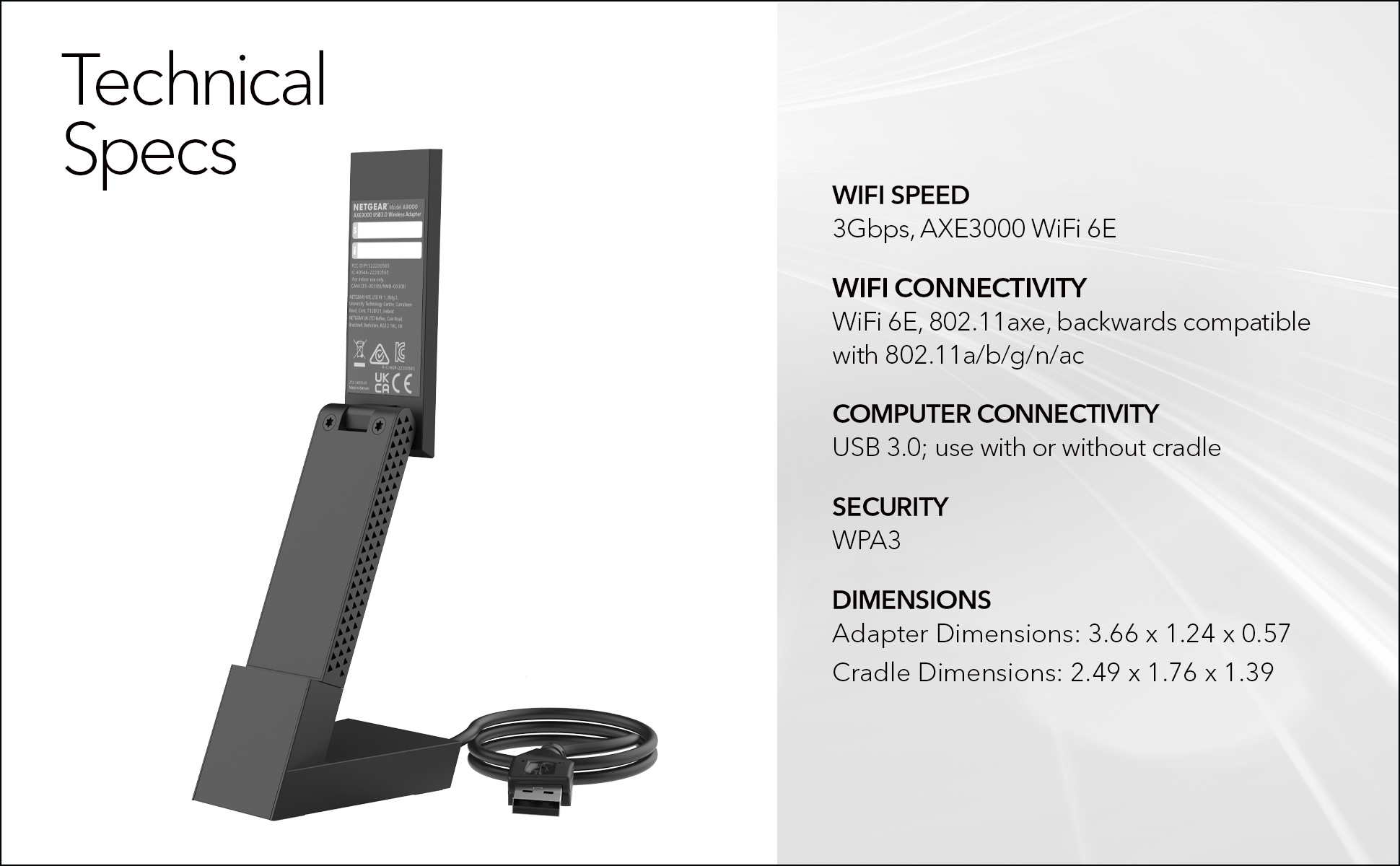 Ein schwarzes Netzwerkgerät mit Kabel und technischen Daten.