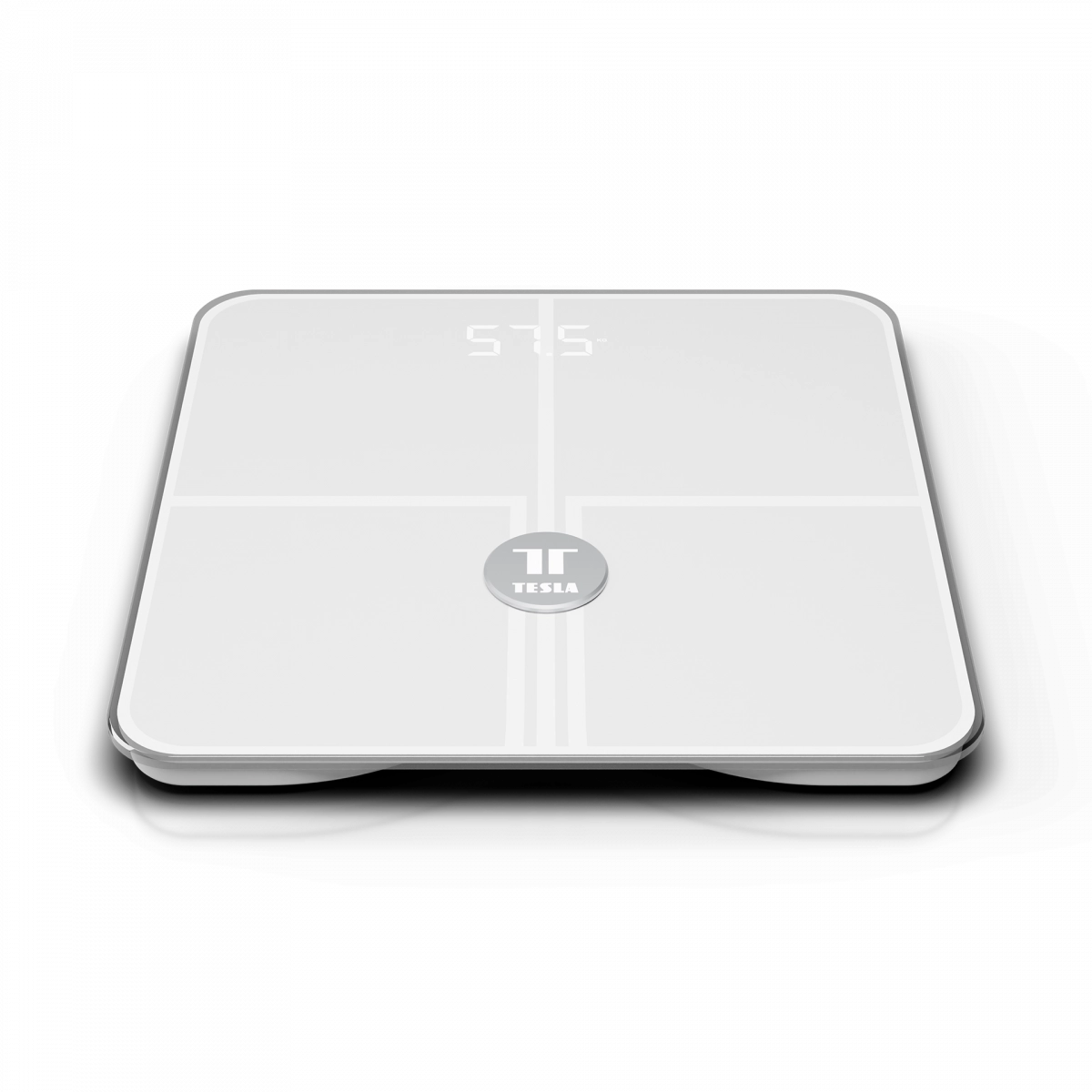 Egy fehér Tesla okosmérleg. Digitális kijelzővel és minimalista dizájnnal rendelkezik.