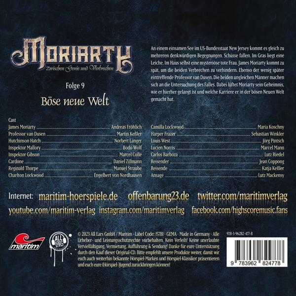 Das Cover eines Buches mit deutschem Text. Der Titel ist 'Moriarth', mit blauem Hintergrund.