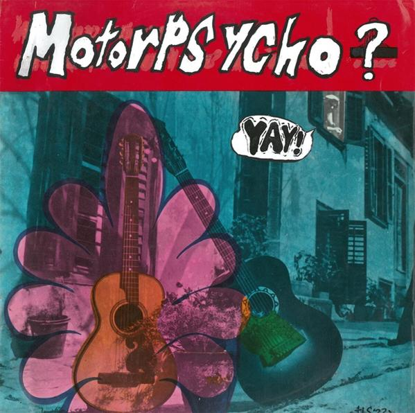 Albumcover mit Gitarren und dem Text Motorpsycho?. Roter Hintergrund mit Blumenform.