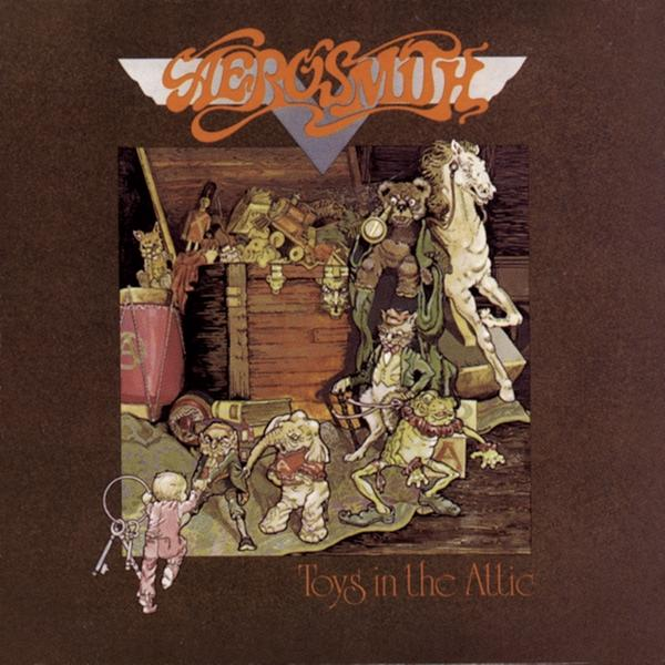 Album borító. Rajzfilmszerű figurák a padláson. Aerosmith: 'Toys in the Attic'.