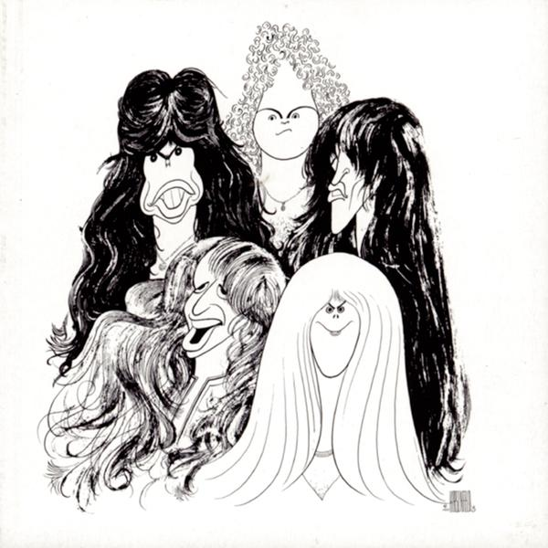 Egy album borítója az Aerosmith tagjainak rajzfilmrajzaival.