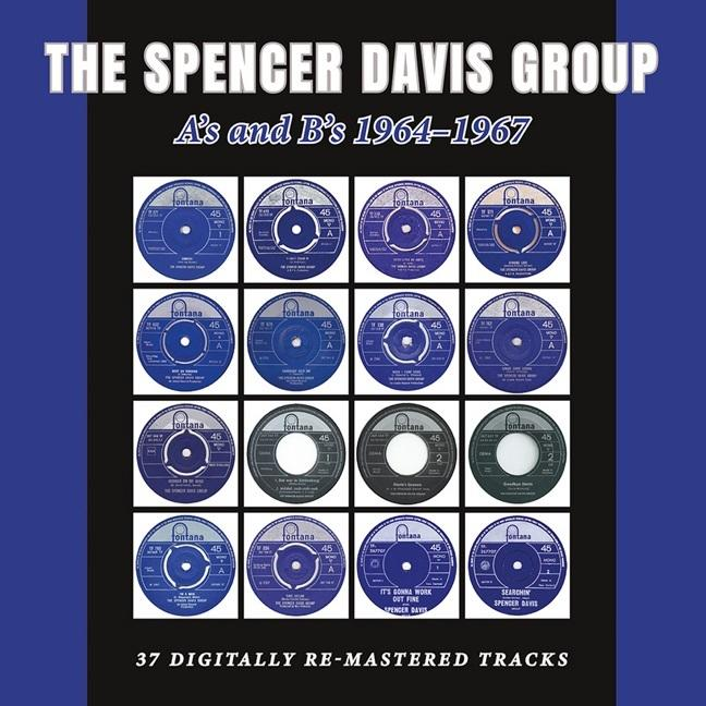 Albumcover mit Vinylplatten, blauen Etiketten, 45 U/min und Text „The Spencer Davis Group“ und „A's and B's 1964-1967“.
