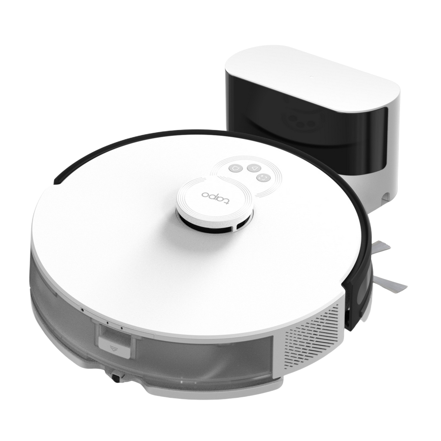 Een witte robotstofzuiger met een oplaadstation op een zwarte achtergrond.