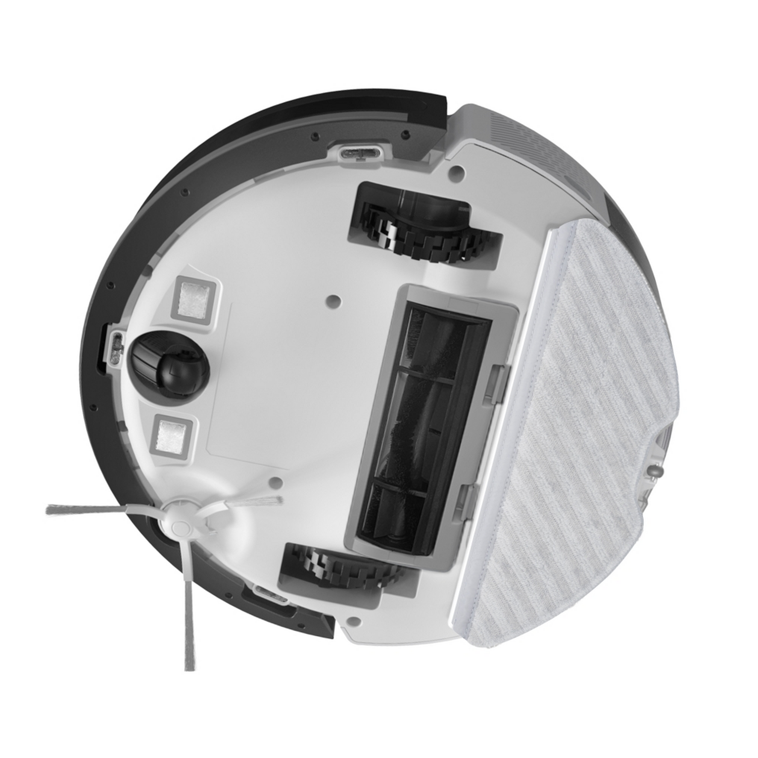 The underside of a robot vacuum cleaner, with brushes, a dustbin, and a mopping pad.