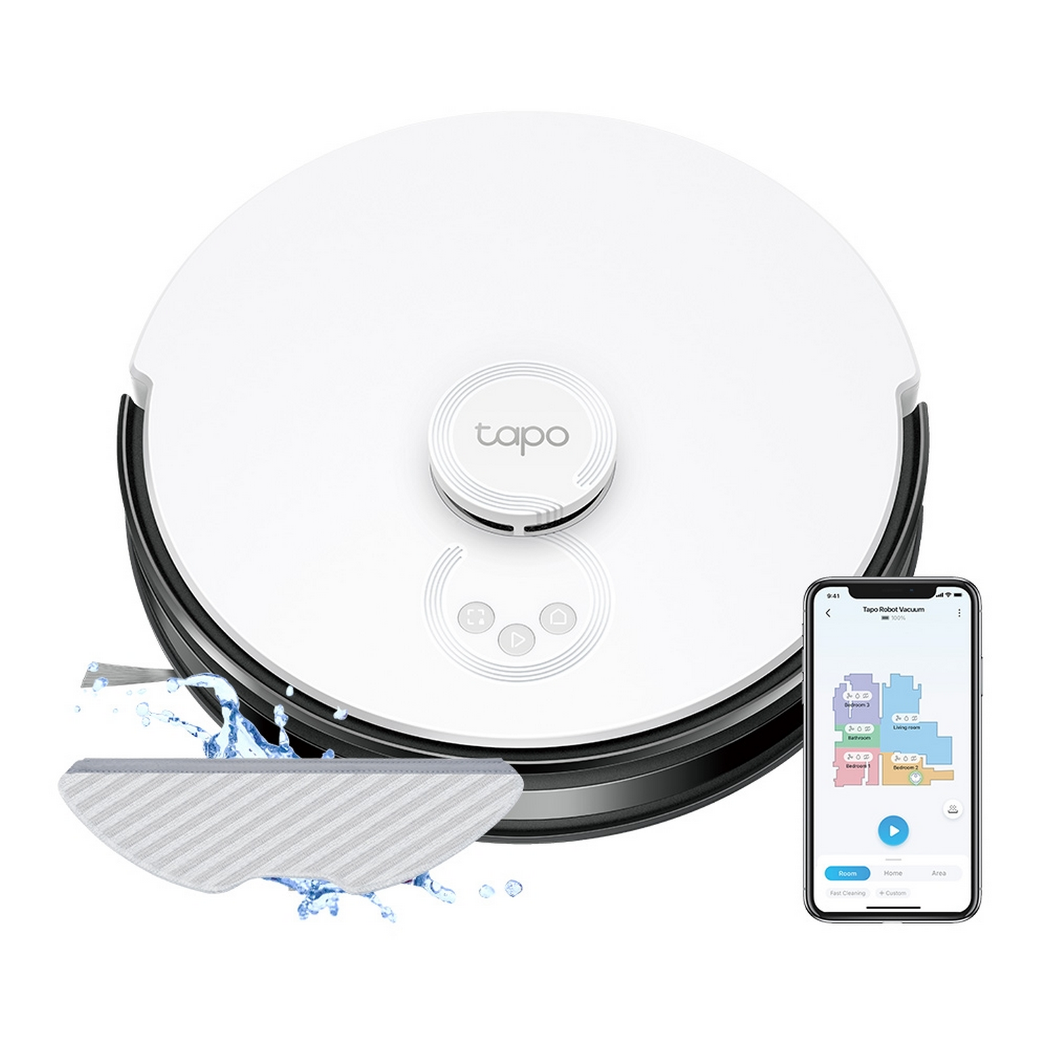 White robot vacuum with a mop attached and a phone showing the map.