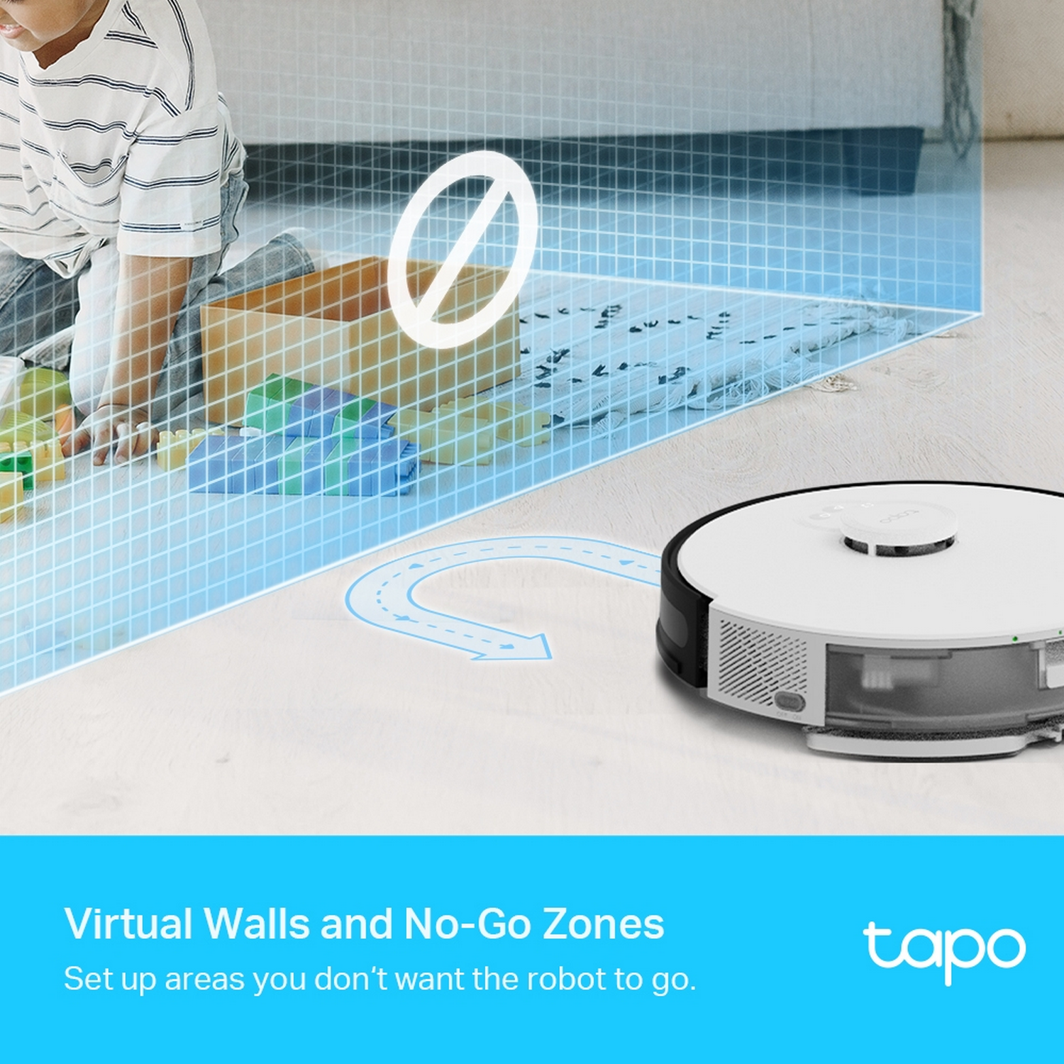 A robot vacuum cleaner with a blue virtual wall. A child is in the background.