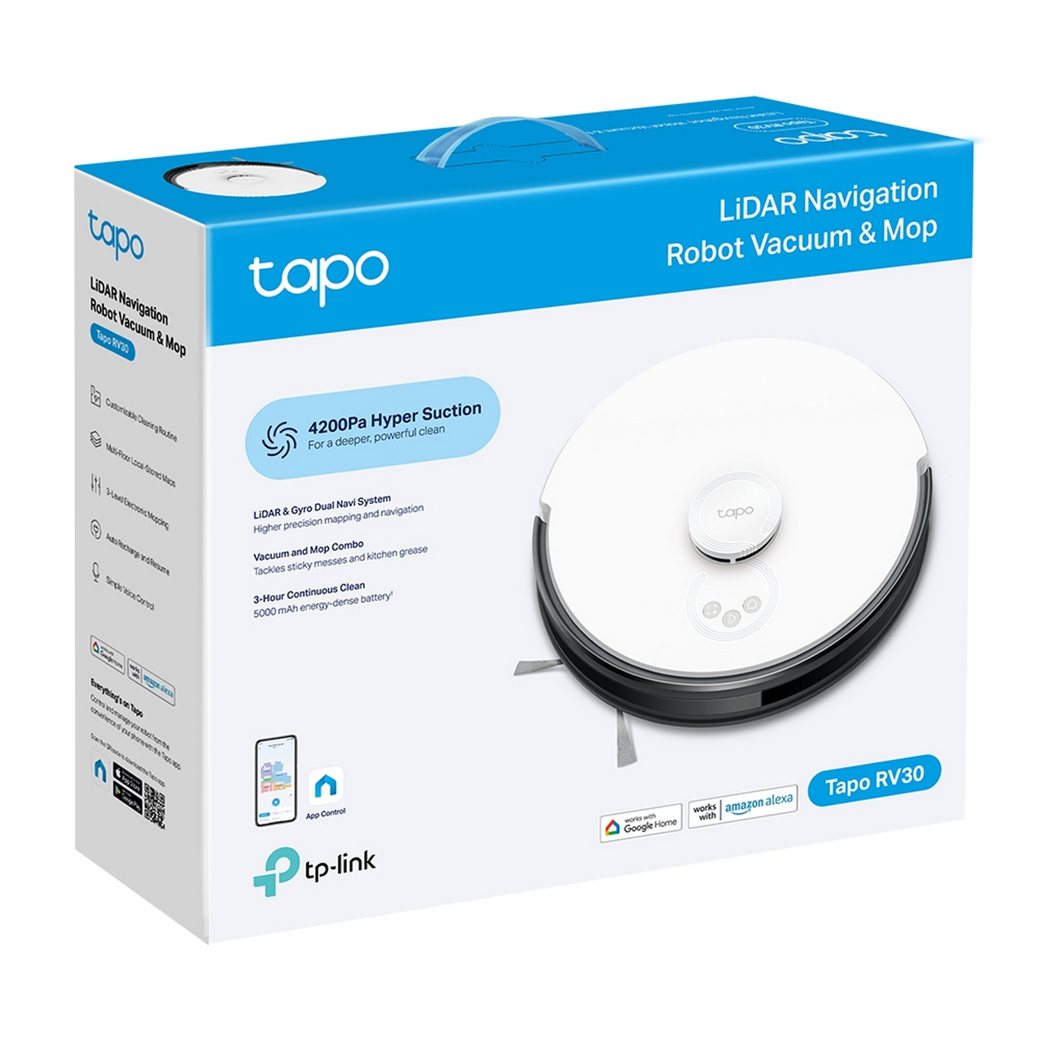 White and blue robot vacuum cleaner box showing the product and features.