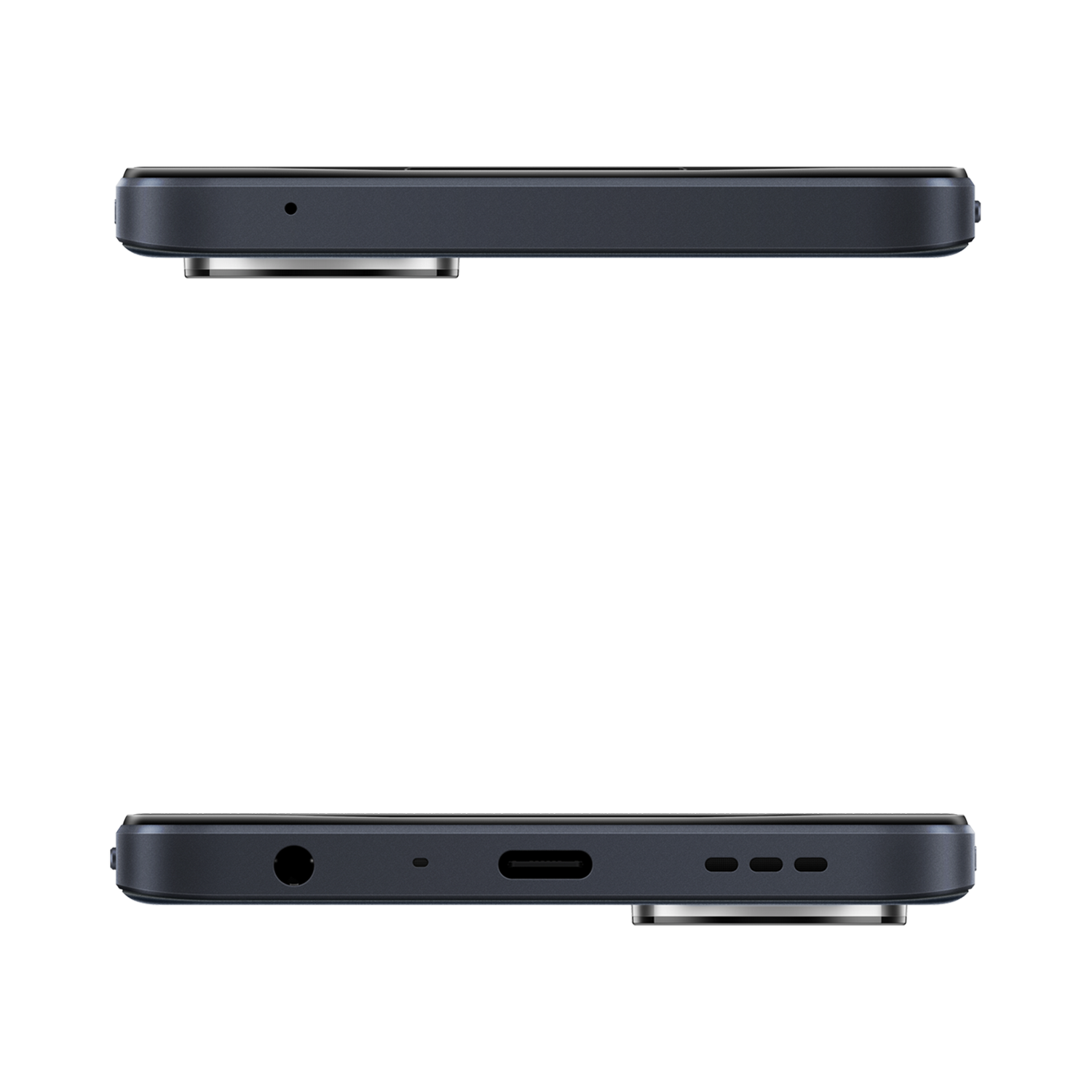 Close-up van de onder- en zijkant van een donkergrijze smartphone.