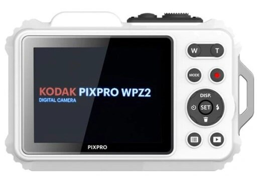 Biały aparat cyfrowy Kodak Pixpro WPZ2. Ekran wyświetla nazwę aparatu w białym tekście.