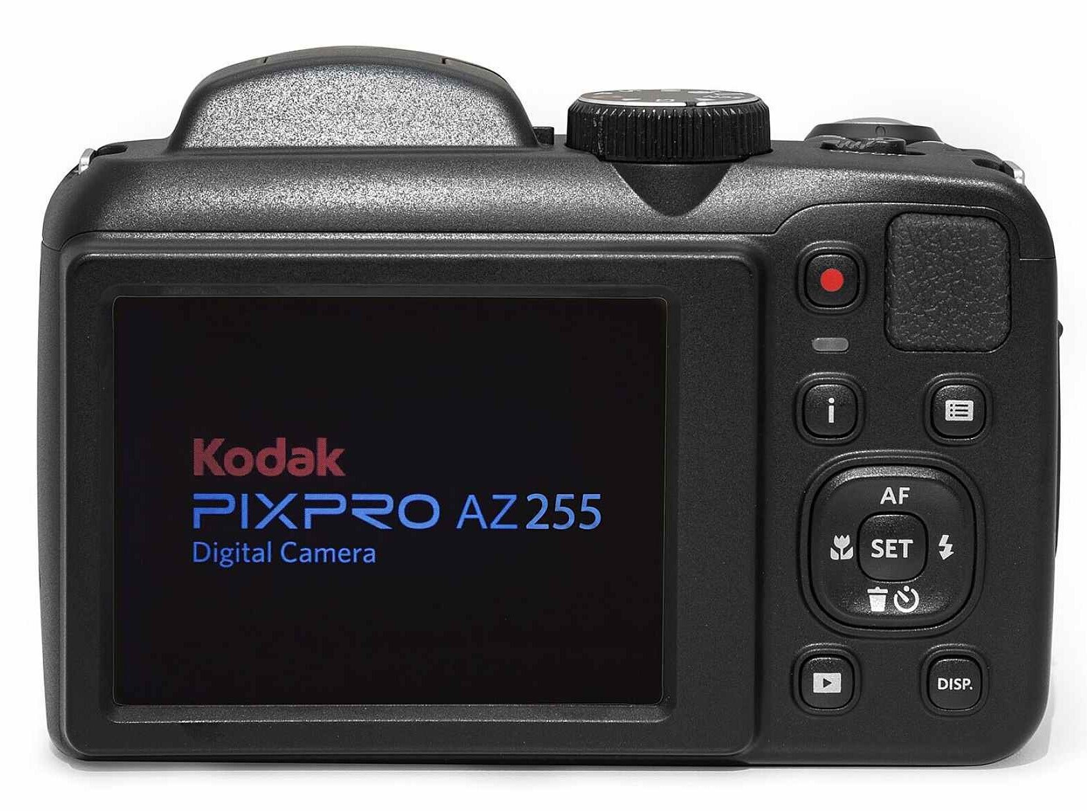 Czarny aparat Kodak Pixpro z ekranem i przyciskami. Logo Kodak. Białe tło.