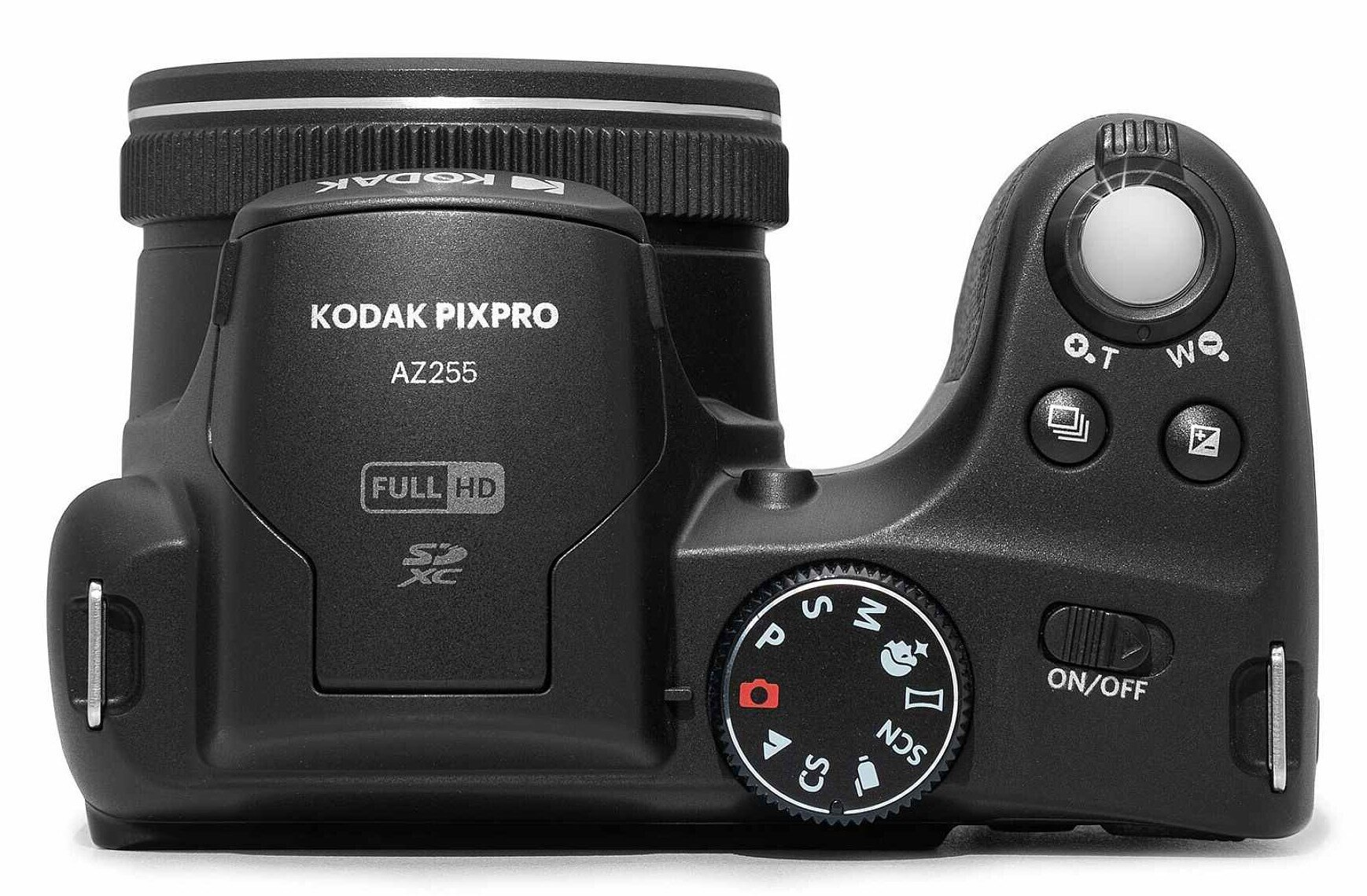 Widok z góry na czarny aparat Kodak Pixpro AZ255 z przyciskami i elementami sterującymi.