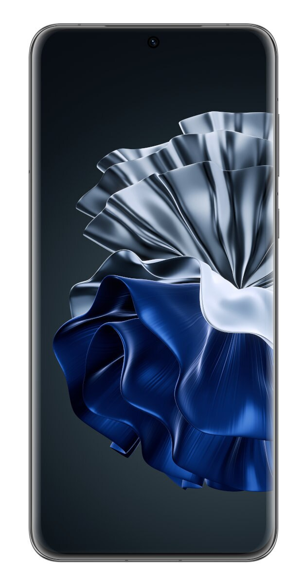 Czarny smartfon wyświetla dynamiczną tapetę z niebieskimi i białymi wirującymi kształtami.