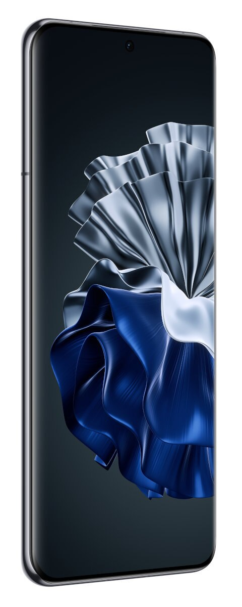 Smartfon z zakrzywionym ekranem, z niebieskim i srebrnym abstrakcyjnym obrazem.