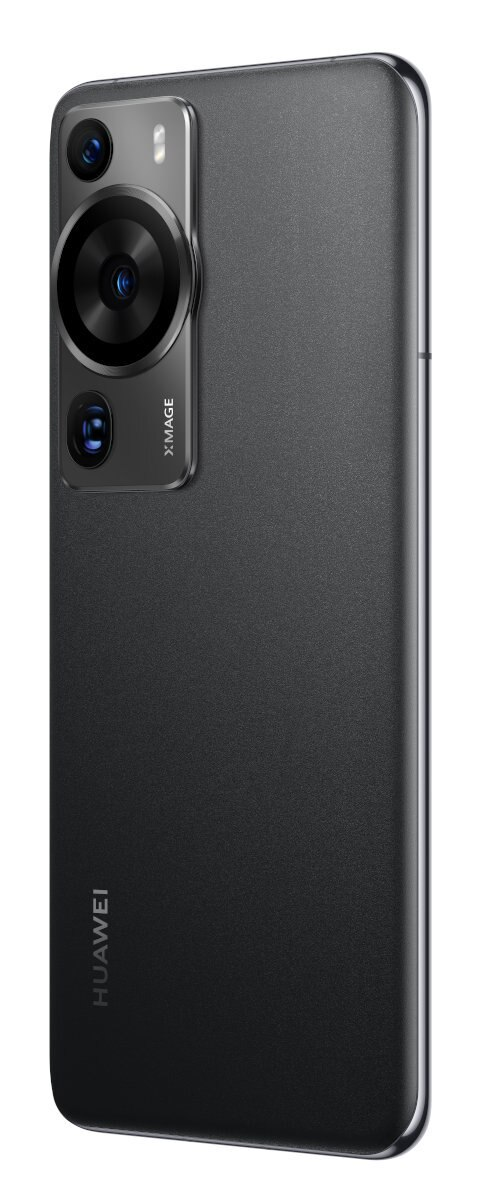 Czarny smartfon z wypukłością aparatu. Telefon jest pod kątem i pokazuje tył.