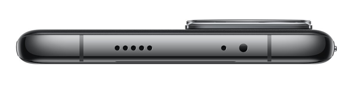 Widok z boku szarego smartfona z potrójnym aparatem i głośnikami na białym tle.