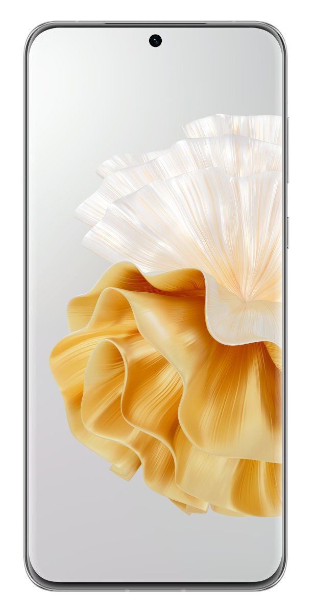 Srebrny smartfon z ekranem pokazującym żółto-biały kwiatowy wzór.