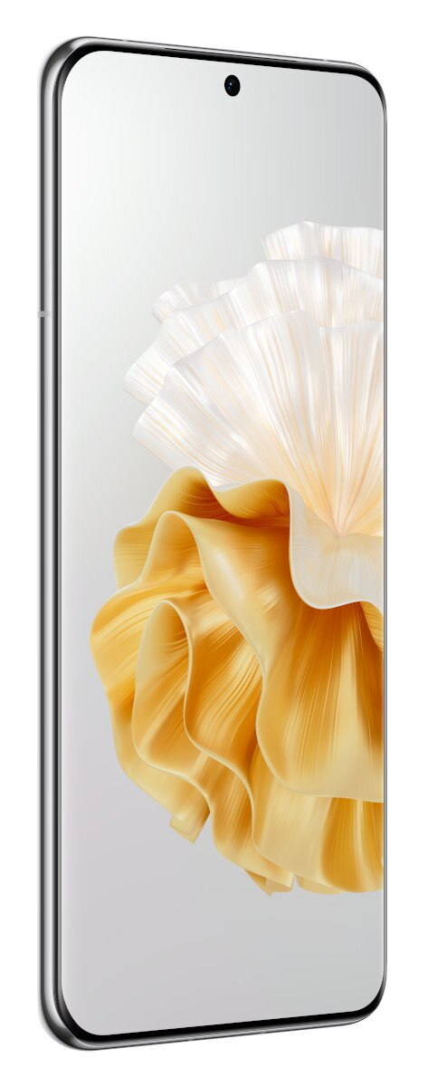 Srebrny smartfon z ekranem pokazującym żółto-biały kwiatowy wzór.
