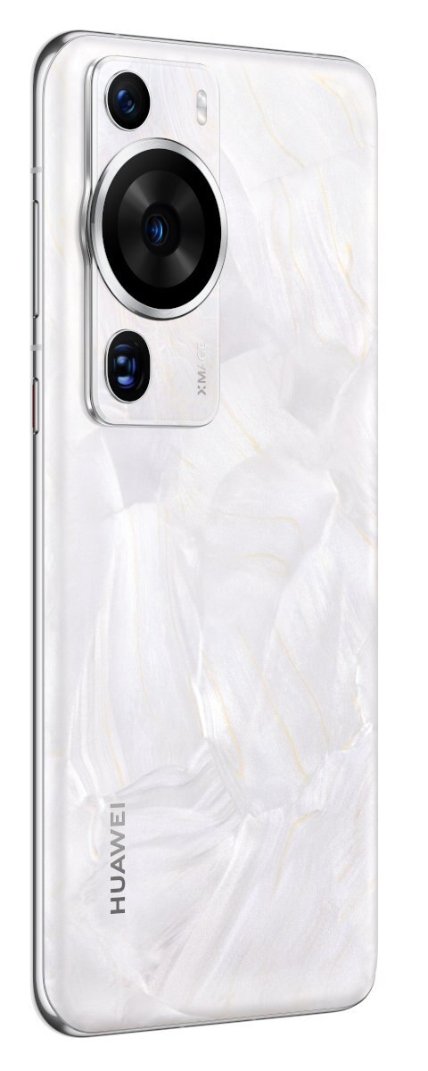 Biały smartfon Huawei z perłowym tyłem i trzema tylnymi aparatami.