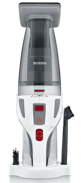 Biały i szary odkurzacz ręczny z załącznikami. Nazwa marki Severin jest na nim.
