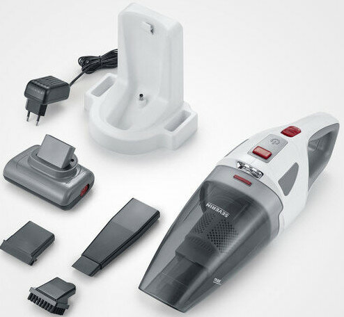Odkurzacz ręczny z ładowarką, stacją ładującą i akcesoriami.