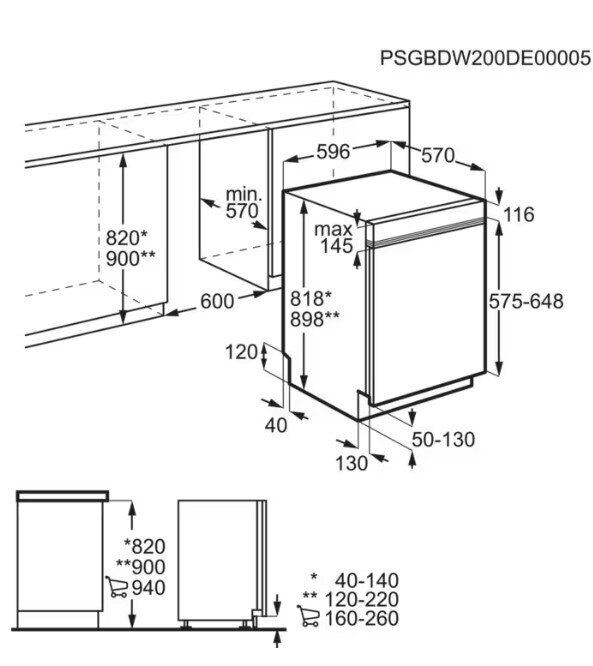 Rysunek techniczny przedstawiający zmywarkę. Widoczne są wymiary i szczegóły instalacji.