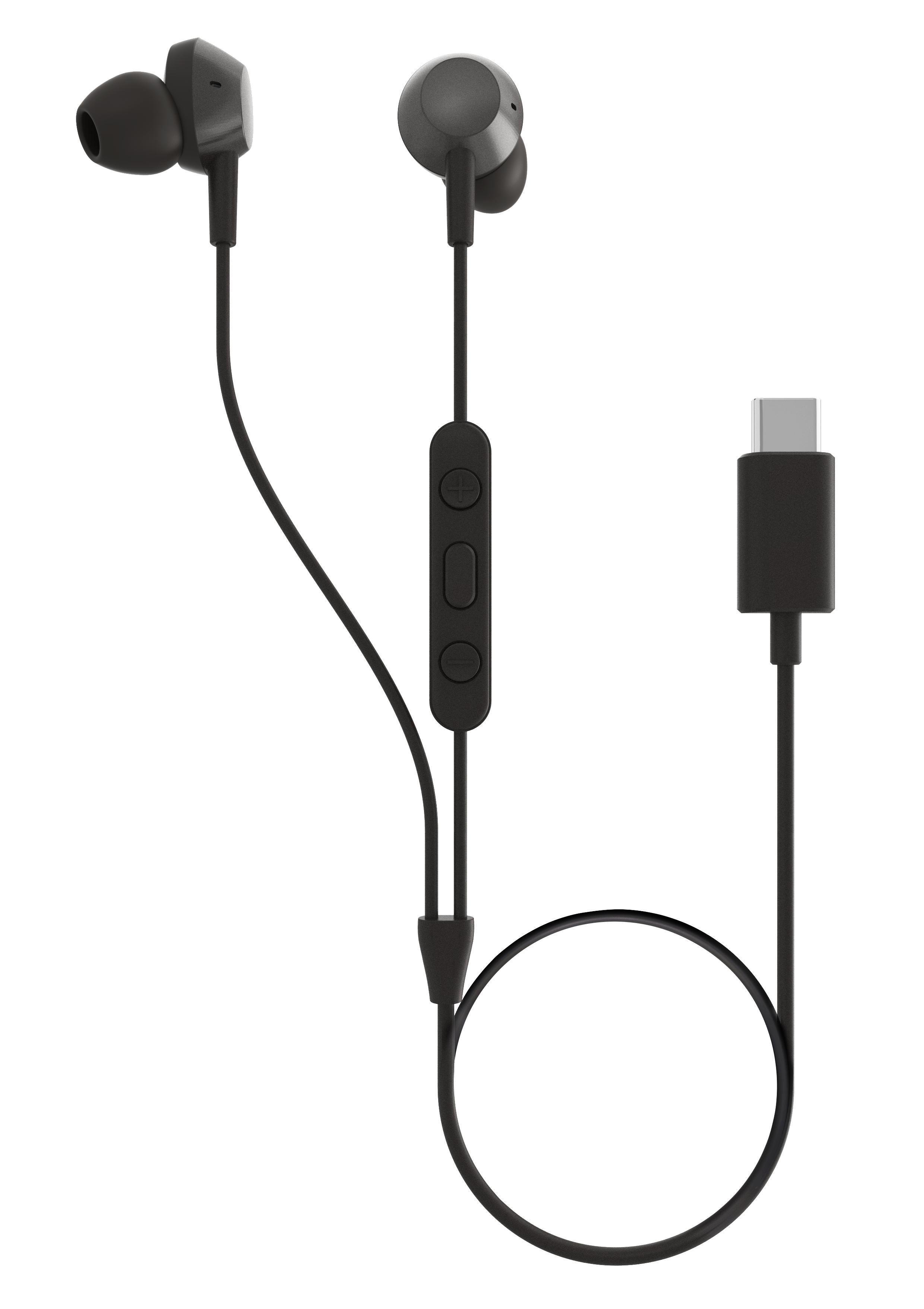 Schwarze kabelgebundene Kopfhörer mit USB-C-Anschluss und einem Bedienfeld am Kabel.