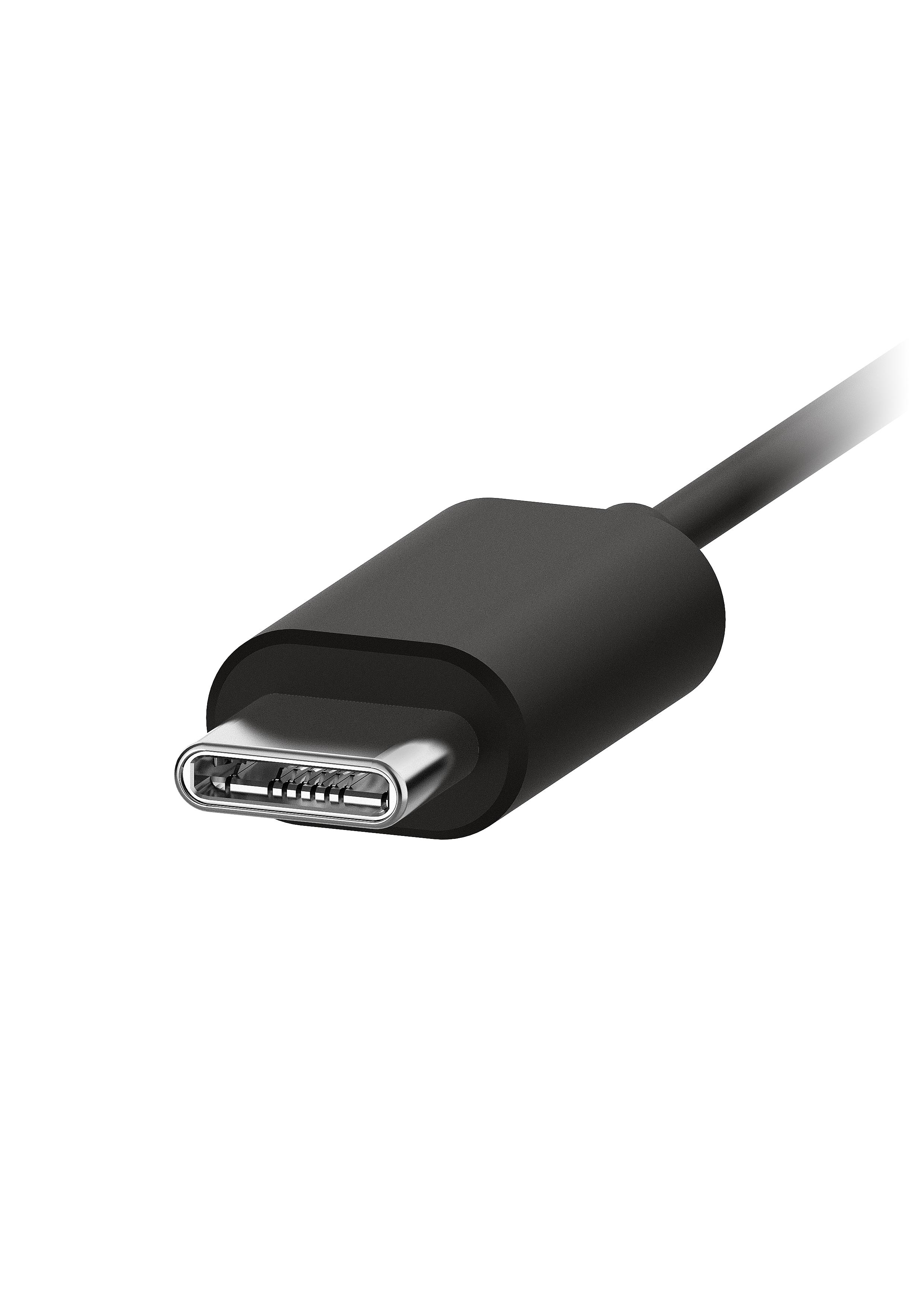 USB-C-Anschluss, schwarz, nach links abgewinkelt, vor weißem Hintergrund.