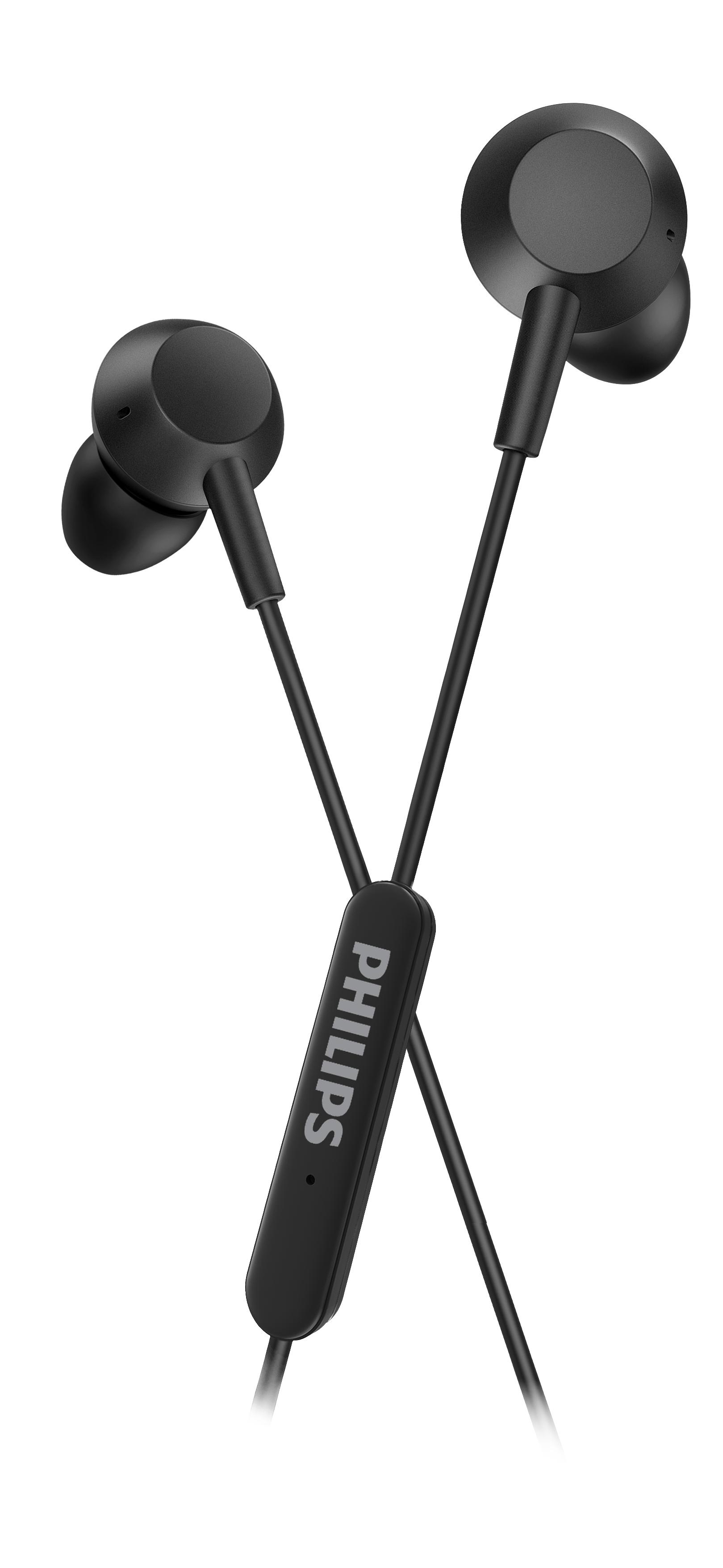Schwarze kabelgebundene Ohrhörer mit einer Taste und dem Philips-Logo.
