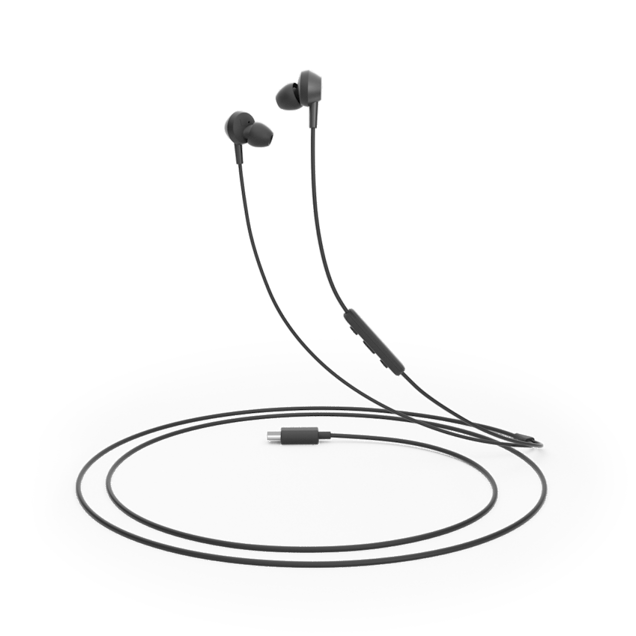Schwarze Ohrhörer mit Kabel und USB-C-Anschluss. Weißer Hintergrund. Das Kabel ist kreisförmig angeordnet.