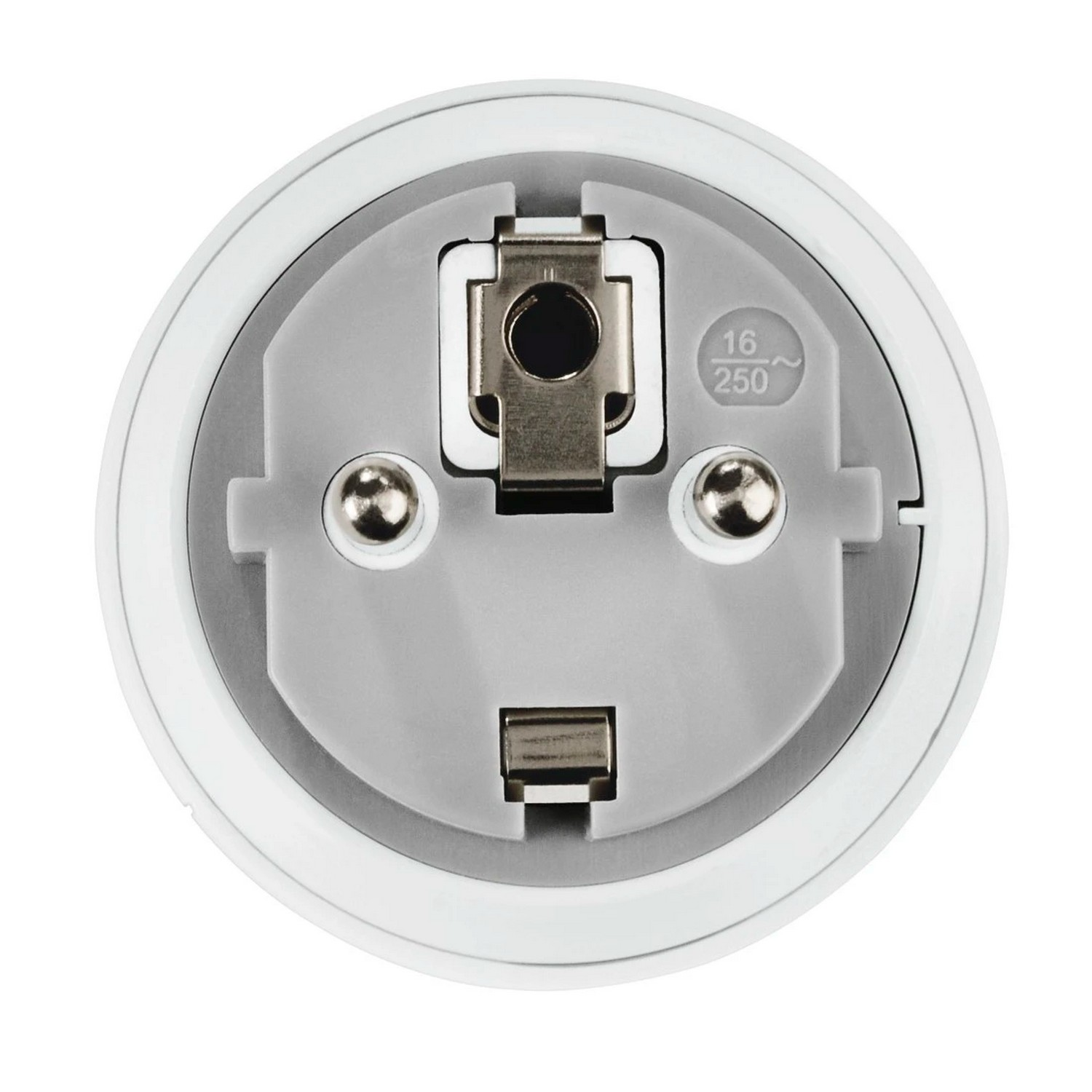 Gros plan d'une prise électrique standard européenne. Elle est blanche, avec des broches métalliques et un trou de mise à la terre central.