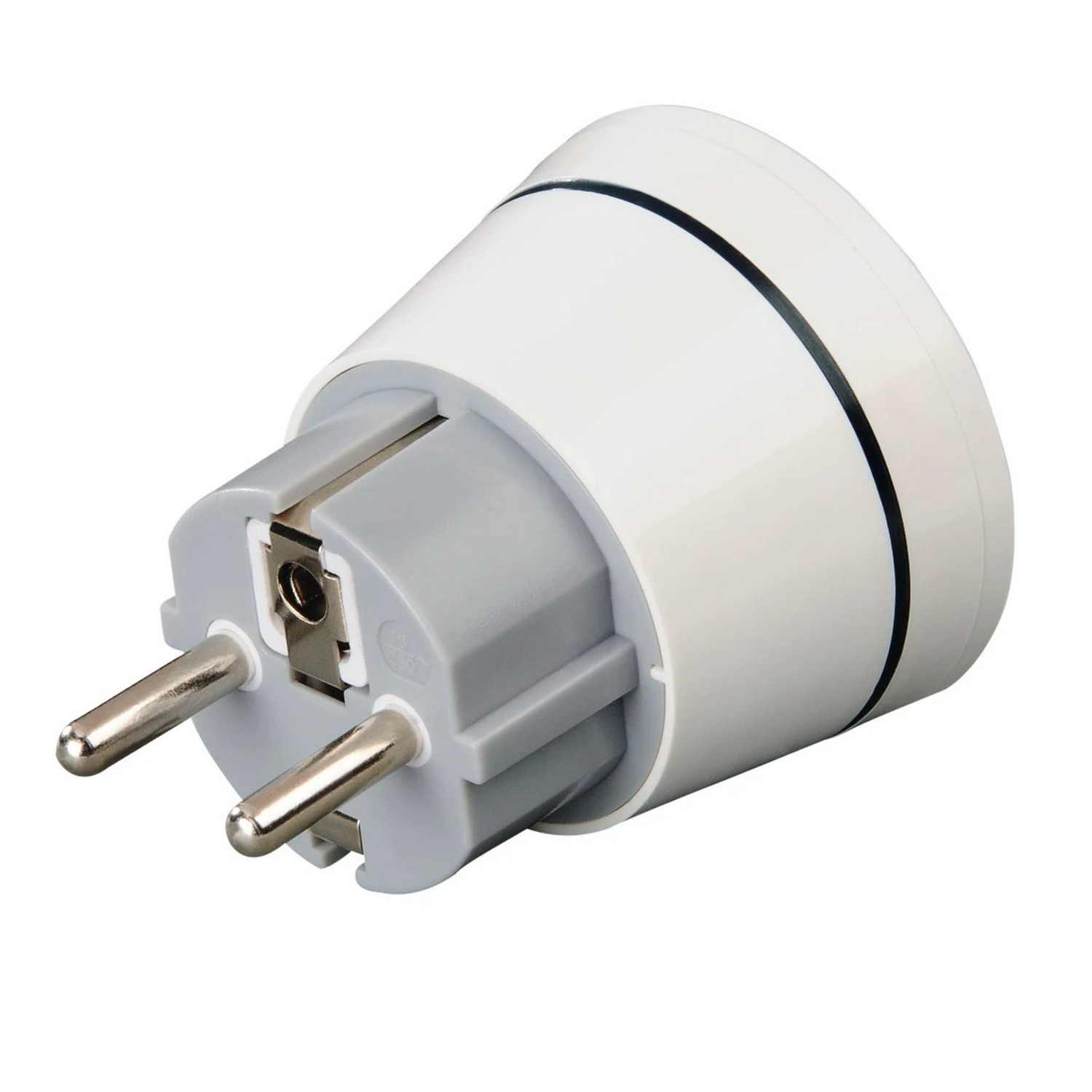 Un adaptateur secteur blanc et gris, incliné, avec deux broches métalliques.