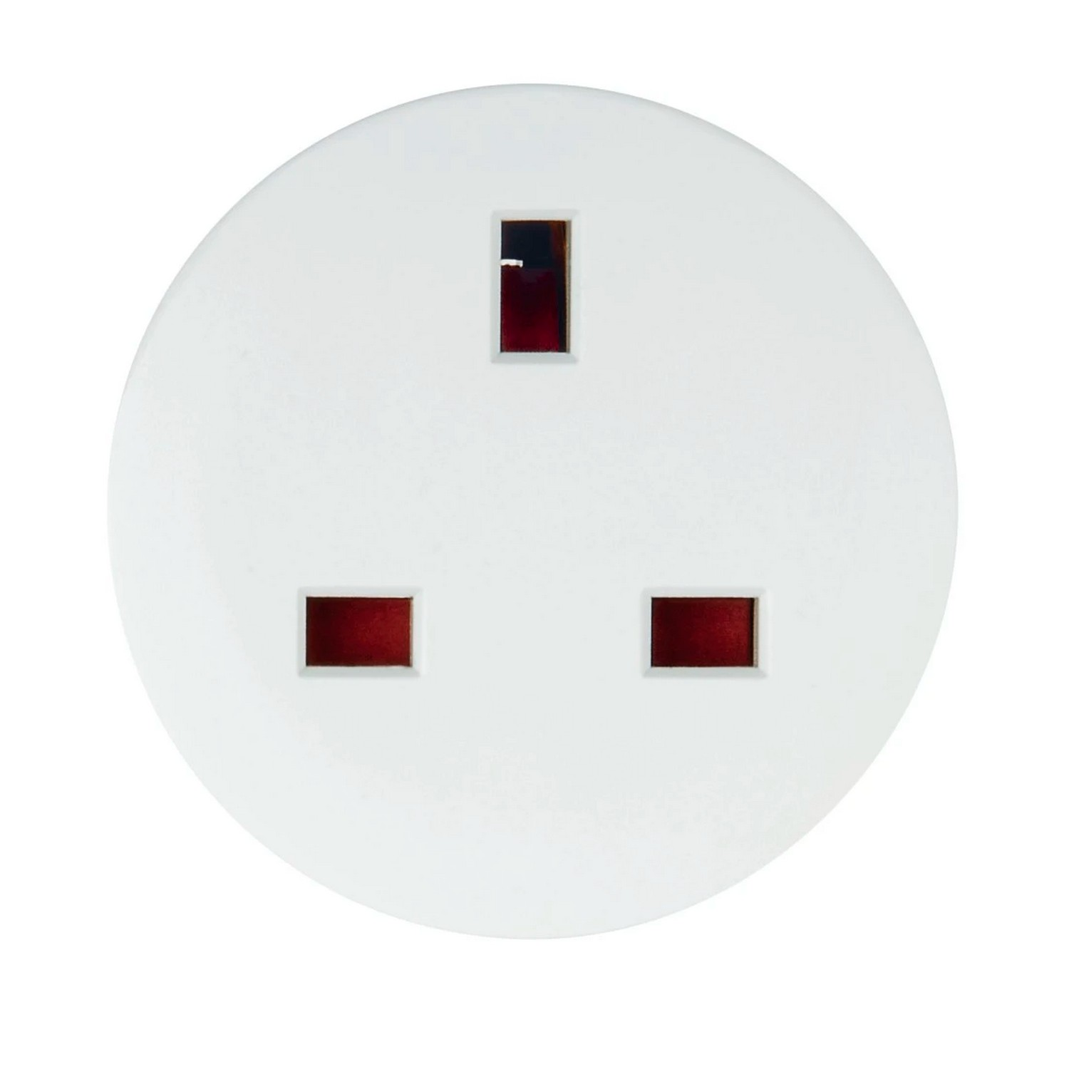 Prise britannique blanche. Trois broches rouges sont visibles dans la prise.