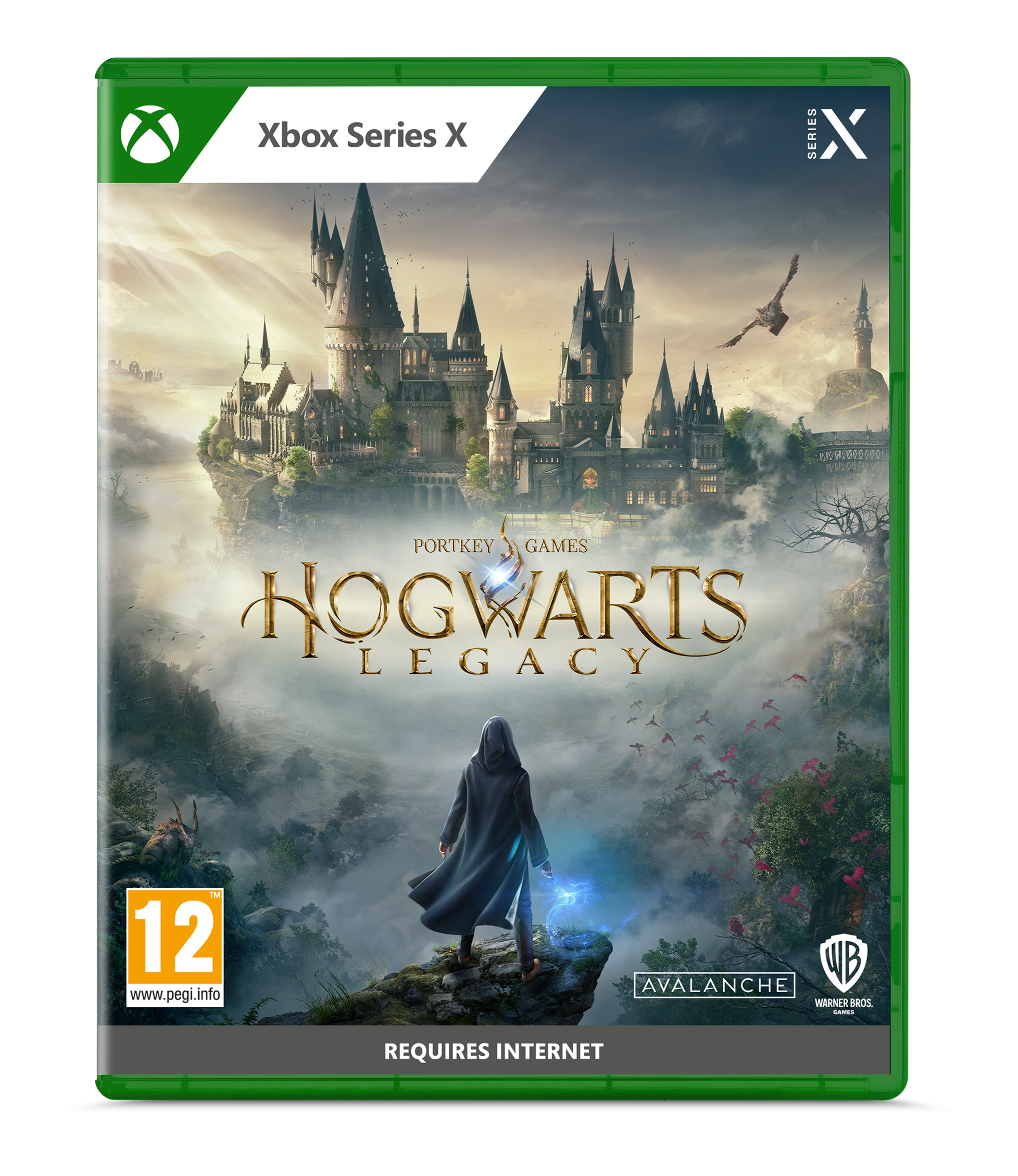 Gamebox voor 'Hogwarts Legacy' op Xbox Series X met een persoon in een cape.