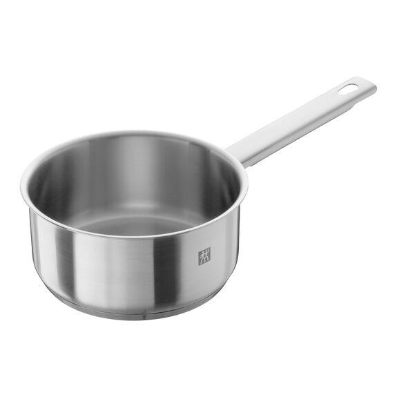 Ein Edelstahl-Kochtopf mit langem Griff, isoliert auf Weiß.