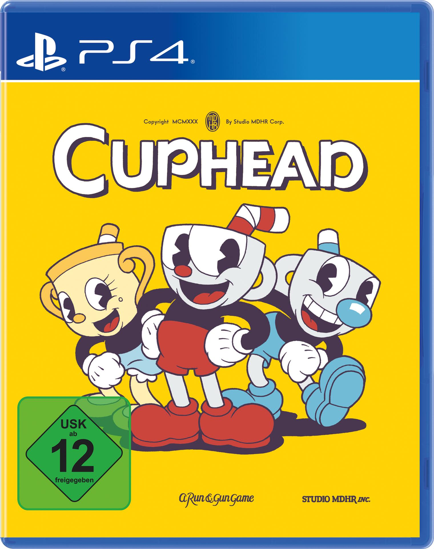 Cuphead-Spielcover mit drei Zeichentrickfiguren auf gelbem Hintergrund.