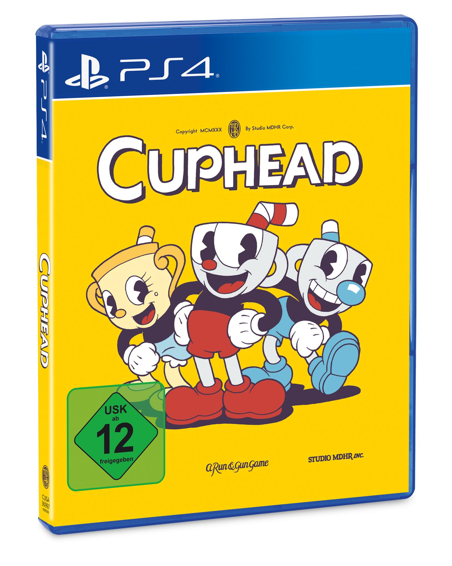 Cuphead PS4-Spielhülle. Drei Cartoon-Tassen-Charaktere auf gelbem Hintergrund.