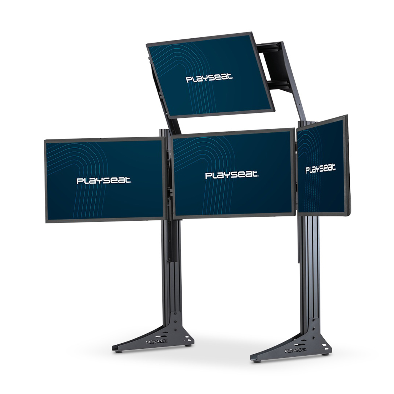 Un setup di gioco nero e grigio. Ha quattro schermi.