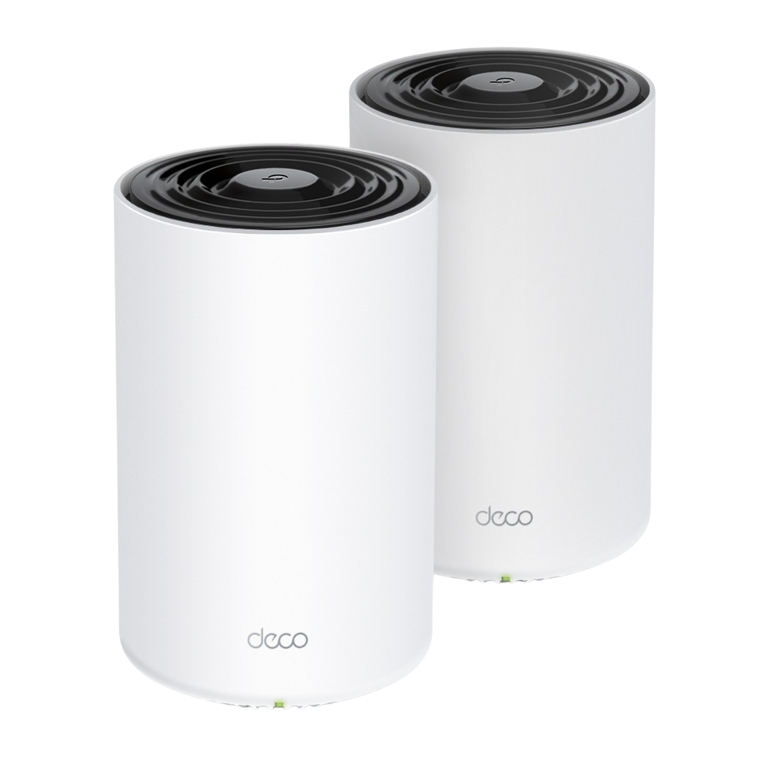 Deux appareils Wi-Fi Deco Mesh blancs. Ils sont cylindriques avec un dessus noir et le logo Deco.